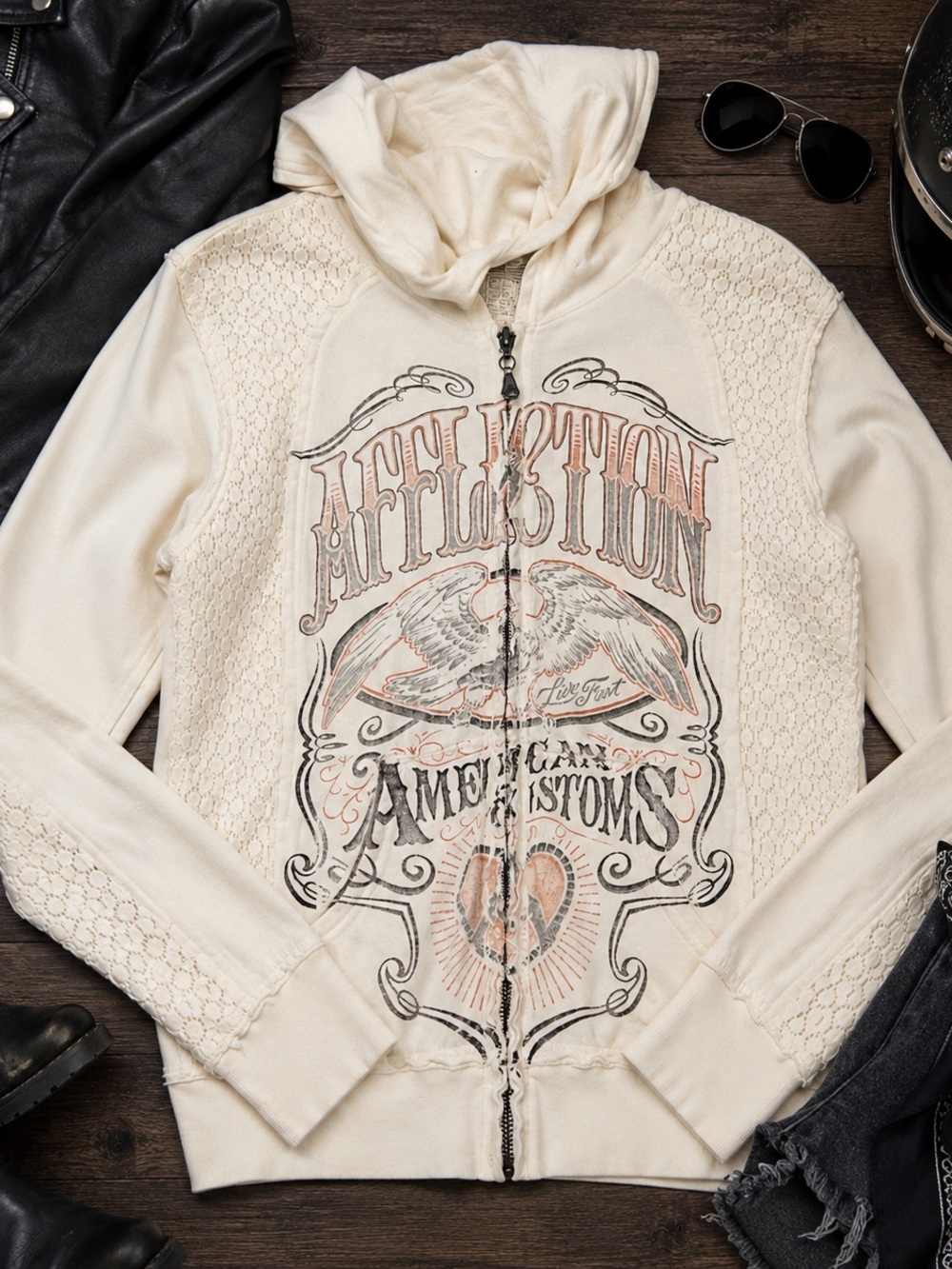 Affliction Cream Lace-Panel Zip Hoodie with Vintage Graphic Y2K